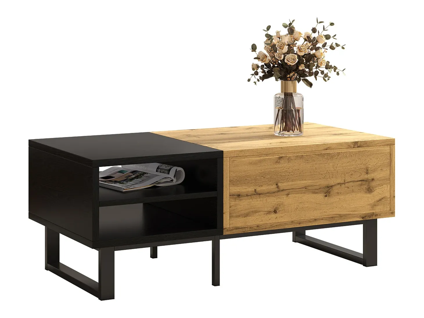 Mesa de centro com 1 gaveta e prateleiras de armazenamento - 100 x 50 x 40 cm - Madeira MDF e metal - Natural