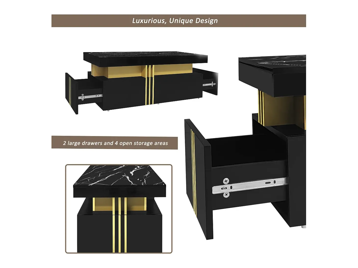 Mesa de centro com 2 gavetas - placa estampada em mármore - estilo escandinavo - preto