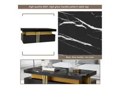 Mesa de centro com 2 gavetas - placa estampada em mármore - estilo escandinavo - preto
