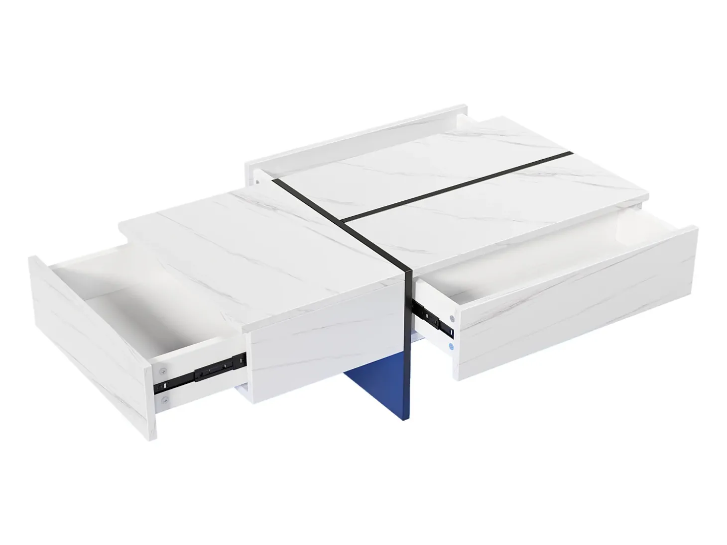 Mesa de centro com 3 gavetas 100x50 cm, iluminação LED Bluetooth, tampo em folheado de mármore branco