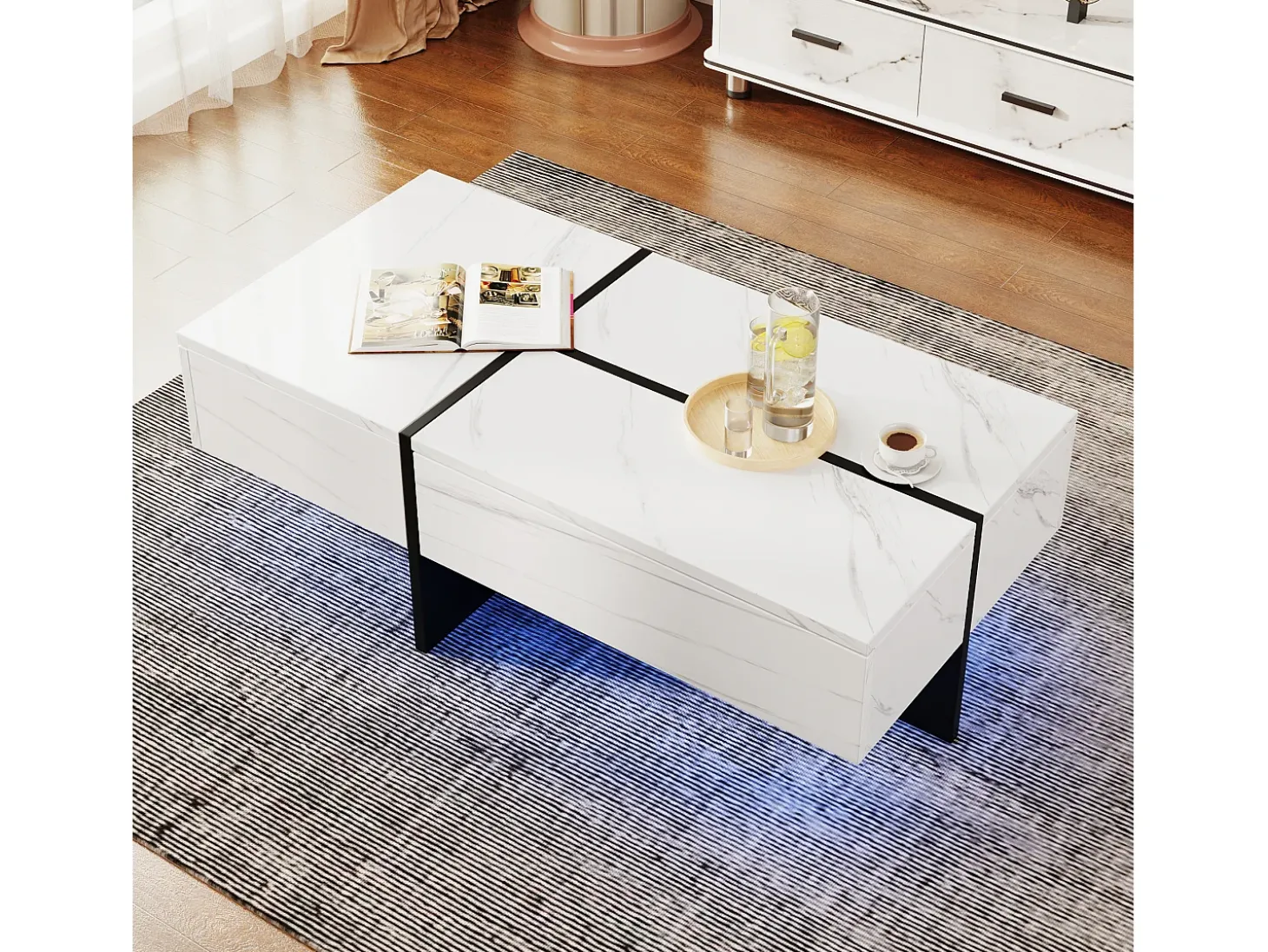 Mesa de centro com 3 gavetas 100x50 cm, iluminação LED Bluetooth, tampo em folheado de mármore branco