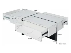 Mesa de centro com 3 gavetas 100x50 cm, iluminação LED Bluetooth, tampo em folheado de mármore branco