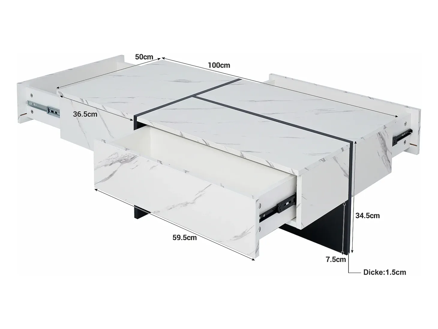 Mesa de centro com 3 gavetas 100x50 cm, iluminação LED Bluetooth, tampo em folheado de mármore branco