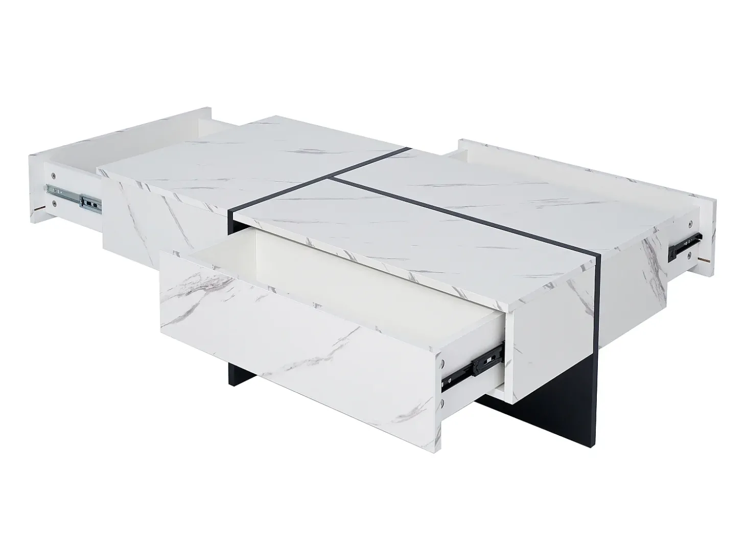 Mesa de centro com 3 gavetas 100x50 cm, iluminação LED Bluetooth, tampo em folheado de mármore branco
