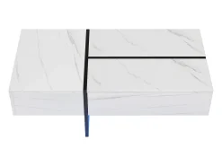 Mesa de centro com 3 gavetas 100x50 cm, iluminação LED Bluetooth, tampo em folheado de mármore branco