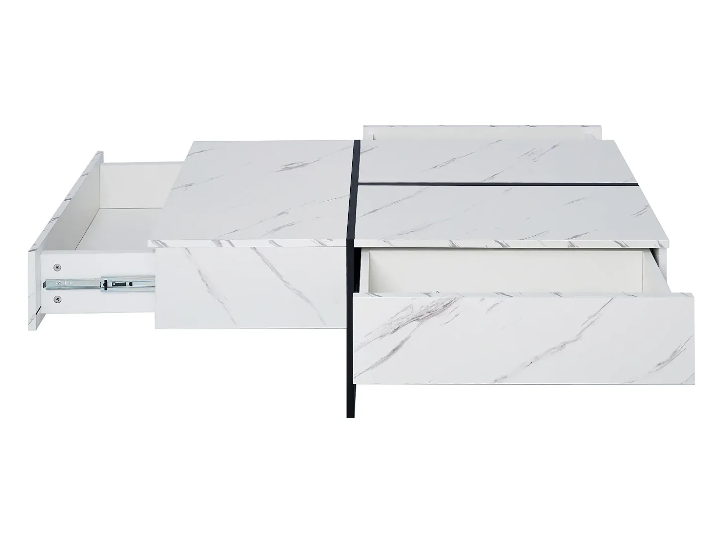 Mesa de centro com 3 gavetas 100x50 cm, iluminação LED Bluetooth, tampo em folheado de mármore branco