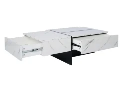Mesa de centro com 3 gavetas 100x50 cm, iluminação LED Bluetooth, tampo em folheado de mármore branco