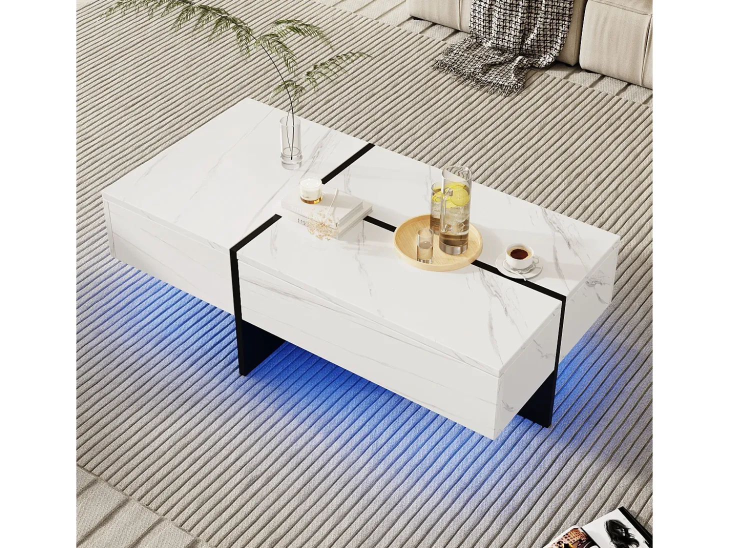 Mesa de centro com 3 gavetas 100x50 cm, iluminação LED Bluetooth, tampo em folheado de mármore branco