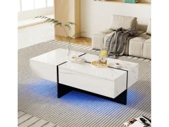 Mesa de centro com 3 gavetas 100x50 cm, iluminação LED Bluetooth, tampo em folheado de mármore branco