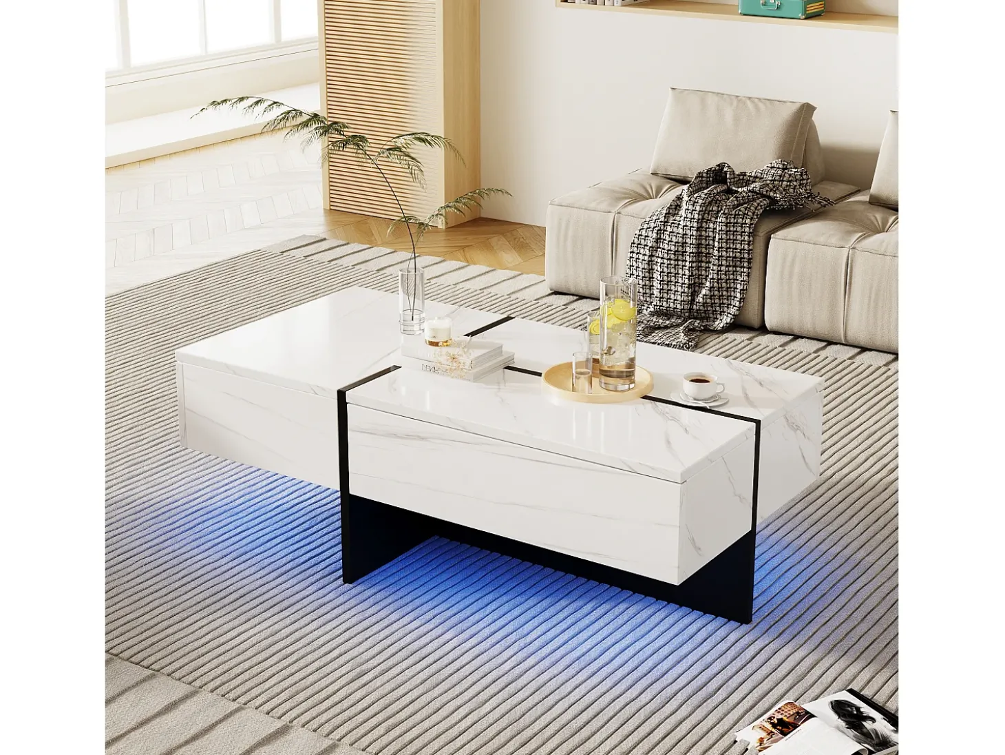 Mesa de centro com 3 gavetas 100x50 cm, iluminação LED Bluetooth, tampo em folheado de mármore branco