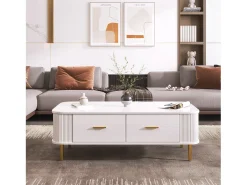 Mesa de centro com 4 gavetas - 105 x 51 x 36 cm - Madeira MDF - Puxadores e pés dourados - Branco