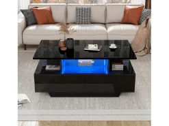 Mesa de centro com 2 gavetas e compartimento aberto - 90 x 55 x 41 cm - LEDs - Aglomerado - Preto brilhante