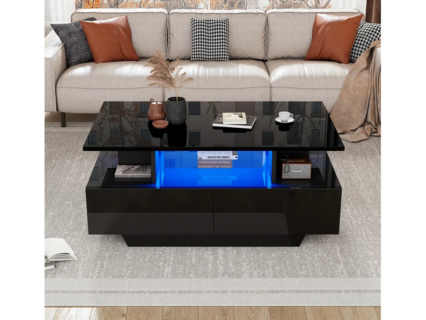 Mesa de centro com 2 gavetas e compartimento aberto - 90 x 55 x 41 cm - LEDs - Aglomerado - Preto brilhante