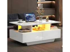 Mesa de centro com 2 gavetas e compartimento aberto - 90 x 55 x 41 cm - LEDs - Aglomerado - Branco brilhante