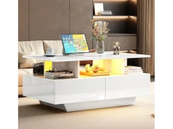 Mesa de centro com 2 gavetas e compartimento aberto - 90 x 55 x 41 cm - LEDs - Aglomerado - Branco brilhante