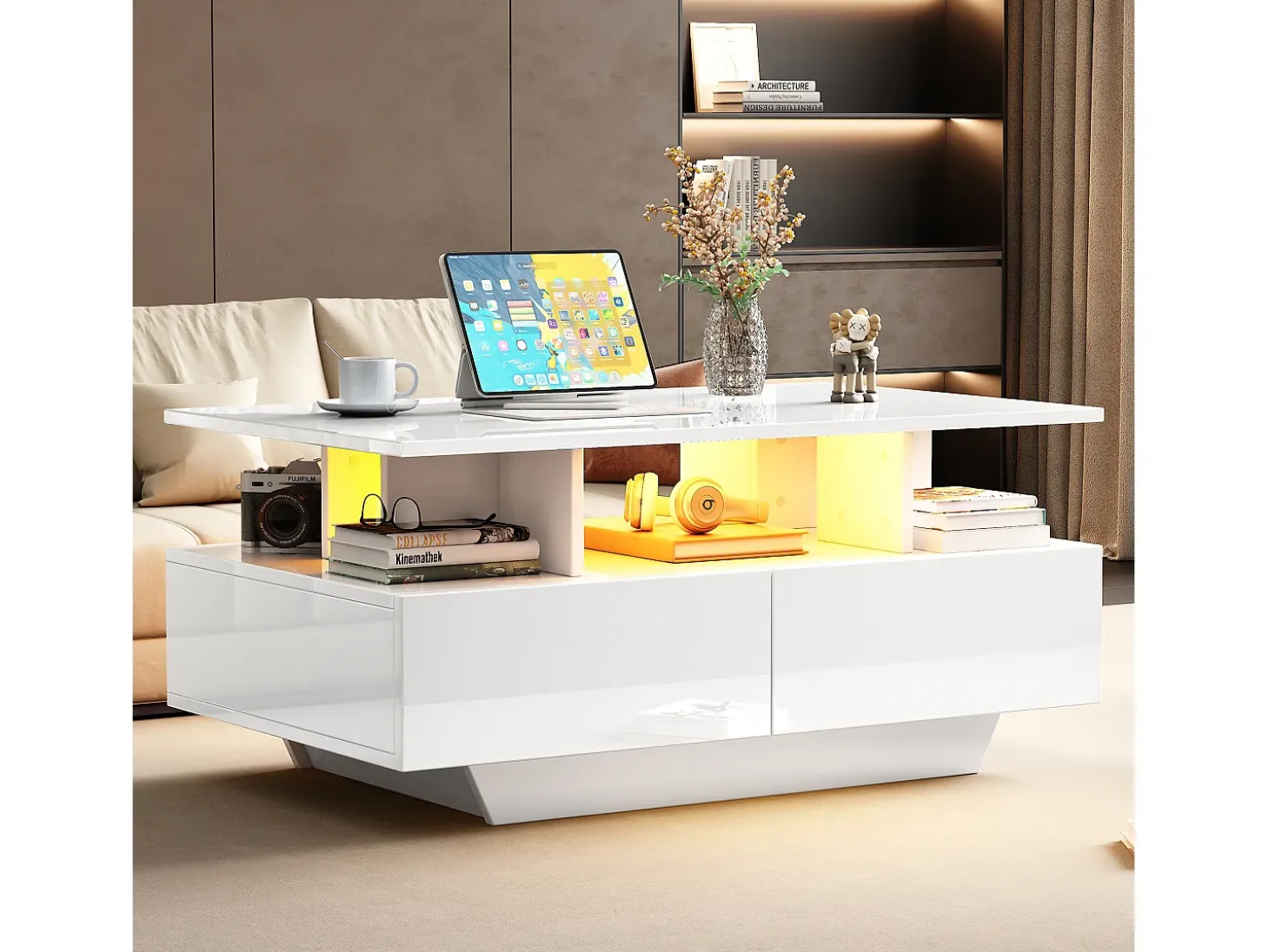 Mesa de centro com 2 gavetas e compartimento aberto - 90 x 55 x 41 cm - LEDs - Aglomerado - Branco brilhante