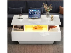 Mesa de centro com 2 gavetas e compartimento aberto - 90 x 55 x 41 cm - LEDs - Aglomerado - Branco brilhante