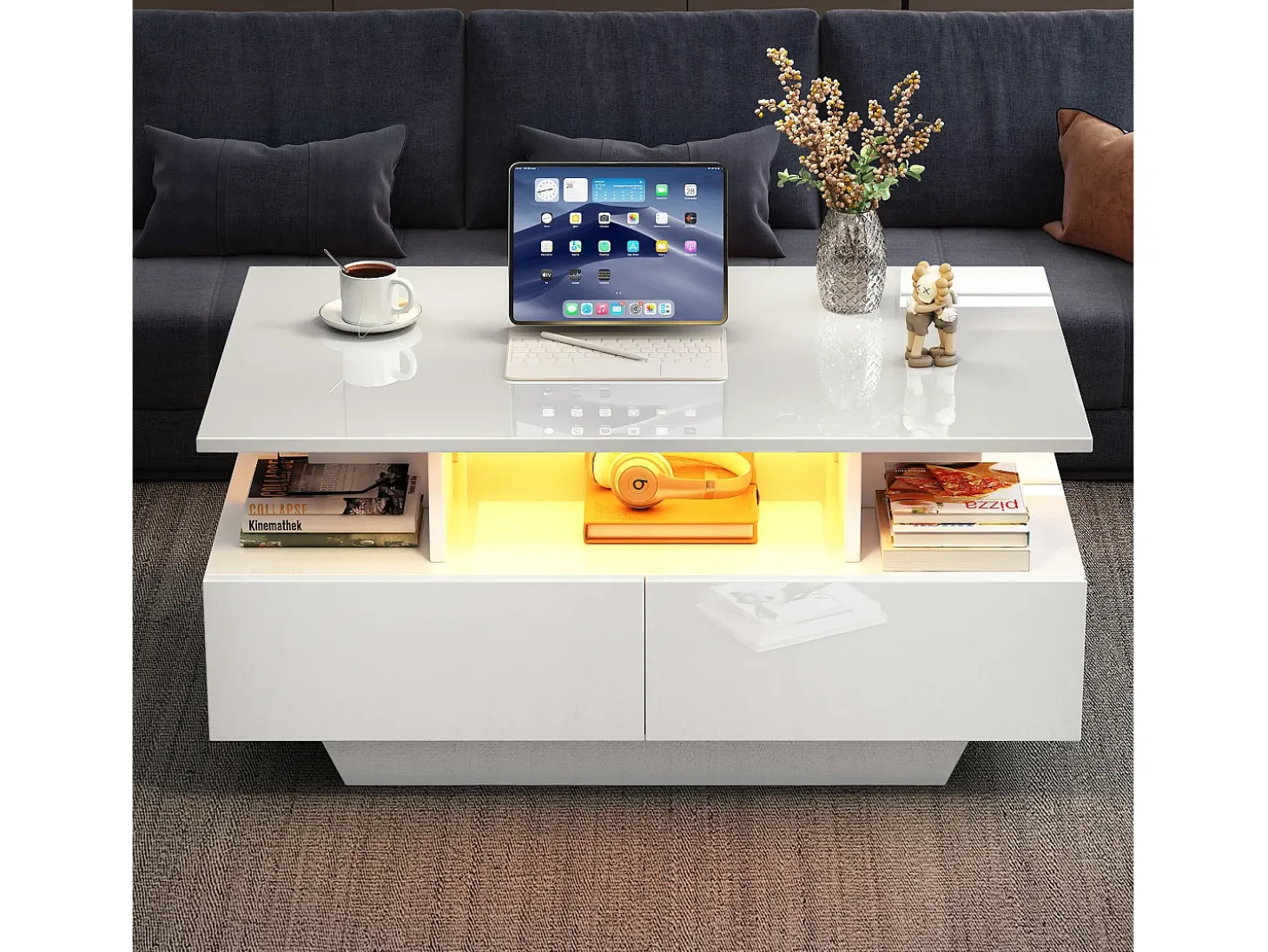 Mesa de centro com 2 gavetas e compartimento aberto - 90 x 55 x 41 cm - LEDs - Aglomerado - Branco brilhante