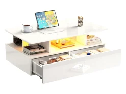 Mesa de centro com 2 gavetas e compartimento aberto - 90 x 55 x 41 cm - LEDs - Aglomerado - Branco brilhante