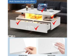 Mesa de centro com 2 gavetas e compartimento aberto - 90 x 55 x 41 cm - LEDs - Aglomerado - Branco brilhante