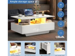 Mesa de centro com 2 gavetas e compartimento aberto - 90 x 55 x 41 cm - LEDs - Aglomerado - Branco brilhante