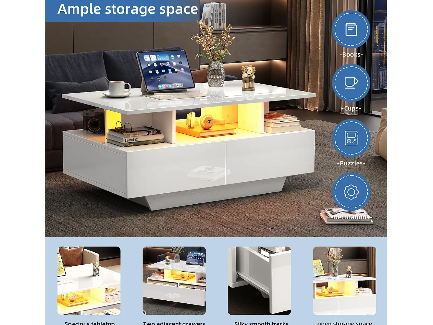 Mesa de centro com 2 gavetas e compartimento aberto - 90 x 55 x 41 cm - LEDs - Aglomerado - Branco brilhante