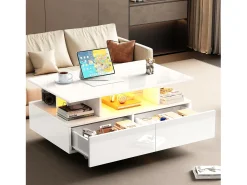 Mesa de centro com 2 gavetas e compartimento aberto - 90 x 55 x 41 cm - LEDs - Aglomerado - Branco brilhante