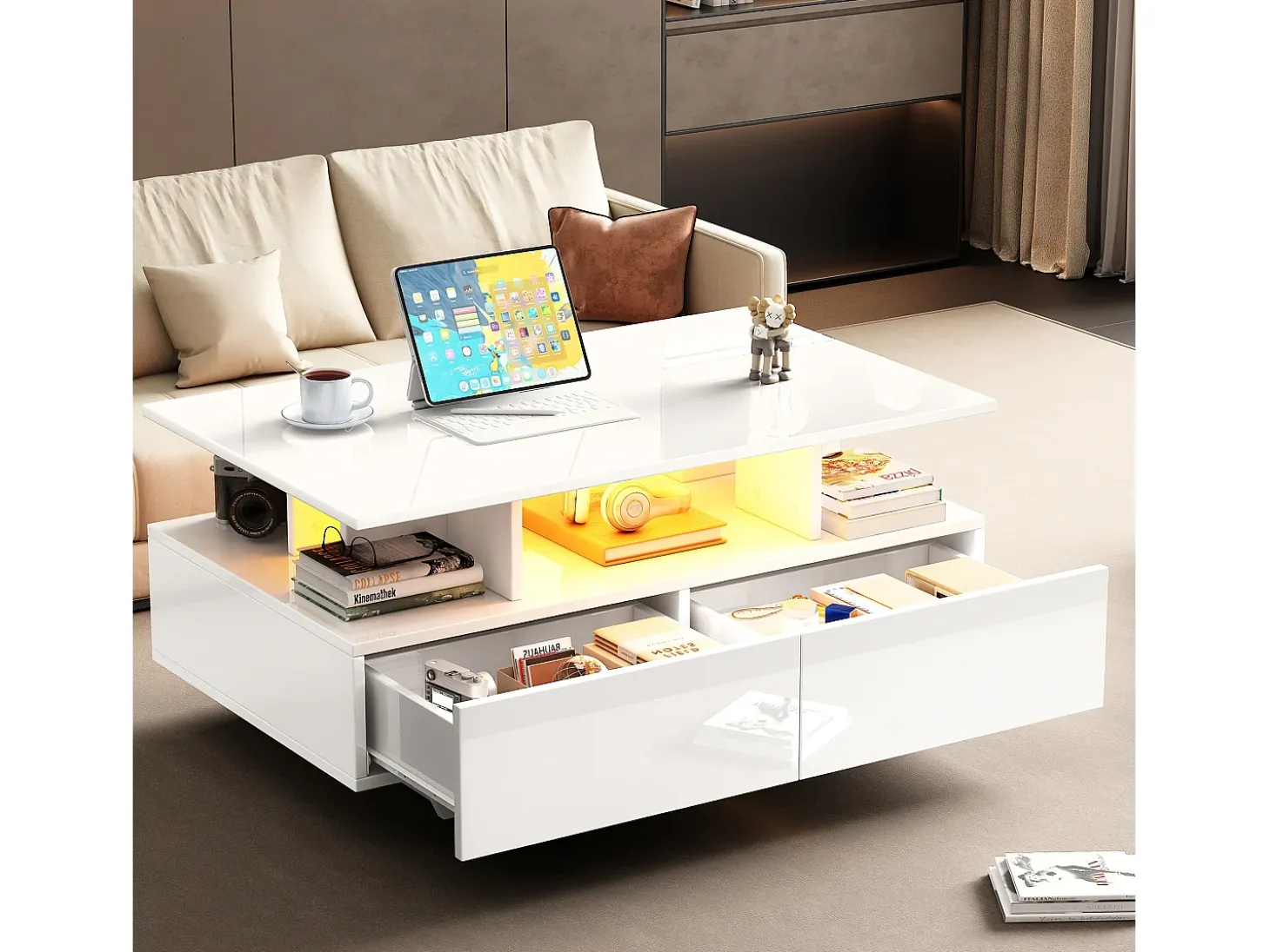 Mesa de centro com 2 gavetas e compartimento aberto - 90 x 55 x 41 cm - LEDs - Aglomerado - Branco brilhante