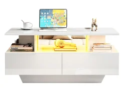 Mesa de centro com 2 gavetas e compartimento aberto - 90 x 55 x 41 cm - LEDs - Aglomerado - Branco brilhante