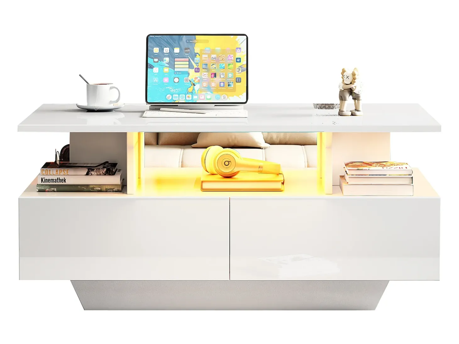 Mesa de centro com 2 gavetas e compartimento aberto - 90 x 55 x 41 cm - LEDs - Aglomerado - Branco brilhante