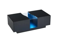 Mesa de centro com 2 gavetas e LED, em MDF e acrílico, lacado preto brilhante