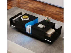 Mesa de centro com 2 gavetas e LED, em MDF e acrílico, lacado preto brilhante