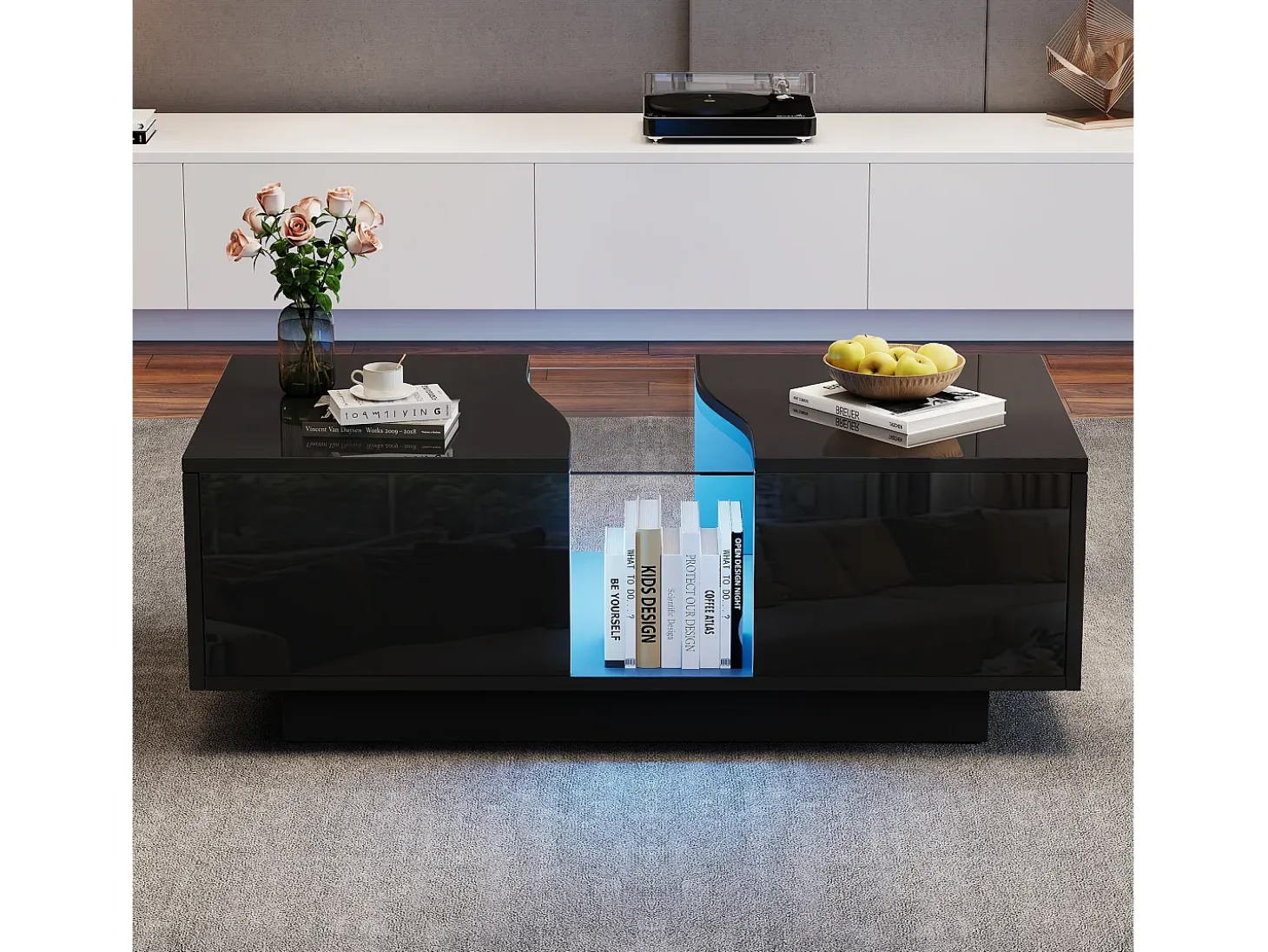 Mesa de centro com 2 gavetas e LED, em MDF e acrílico, lacado preto brilhante