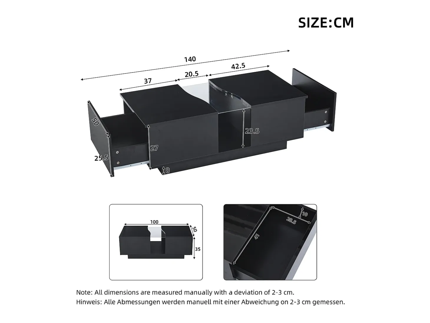 Mesa de centro com 2 gavetas e LED, em MDF e acrílico, lacado preto brilhante