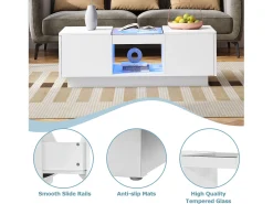 Mesa de centro com 2 gavetas e 1 compartimento - 100x50x35,5 cm - Iluminação LED e painéis de vidro - branco