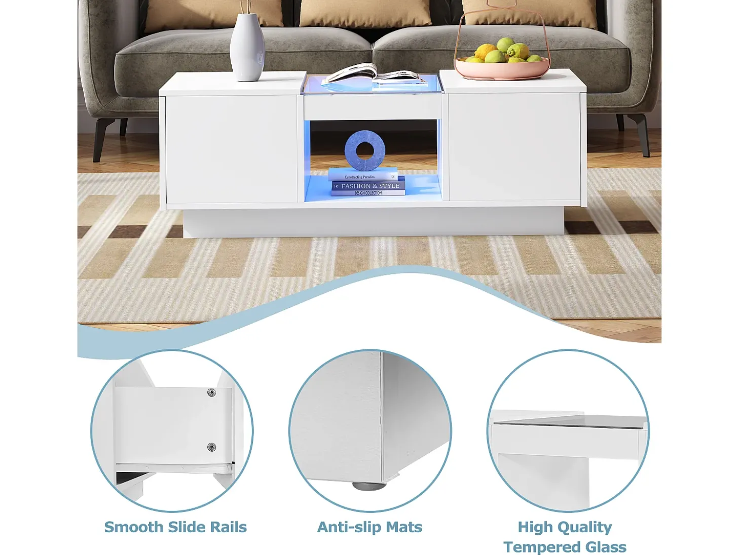 Mesa de centro com 2 gavetas e 1 compartimento - 100x50x35,5 cm - Iluminação LED e painéis de vidro - branco