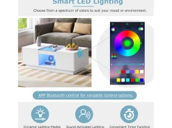 Mesa de centro com 2 gavetas e 1 compartimento - 100x50x35,5 cm - Iluminação LED e painéis de vidro - branco