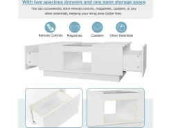 Mesa de centro com 2 gavetas e 1 compartimento - 100x50x35,5 cm - Iluminação LED e painéis de vidro - branco