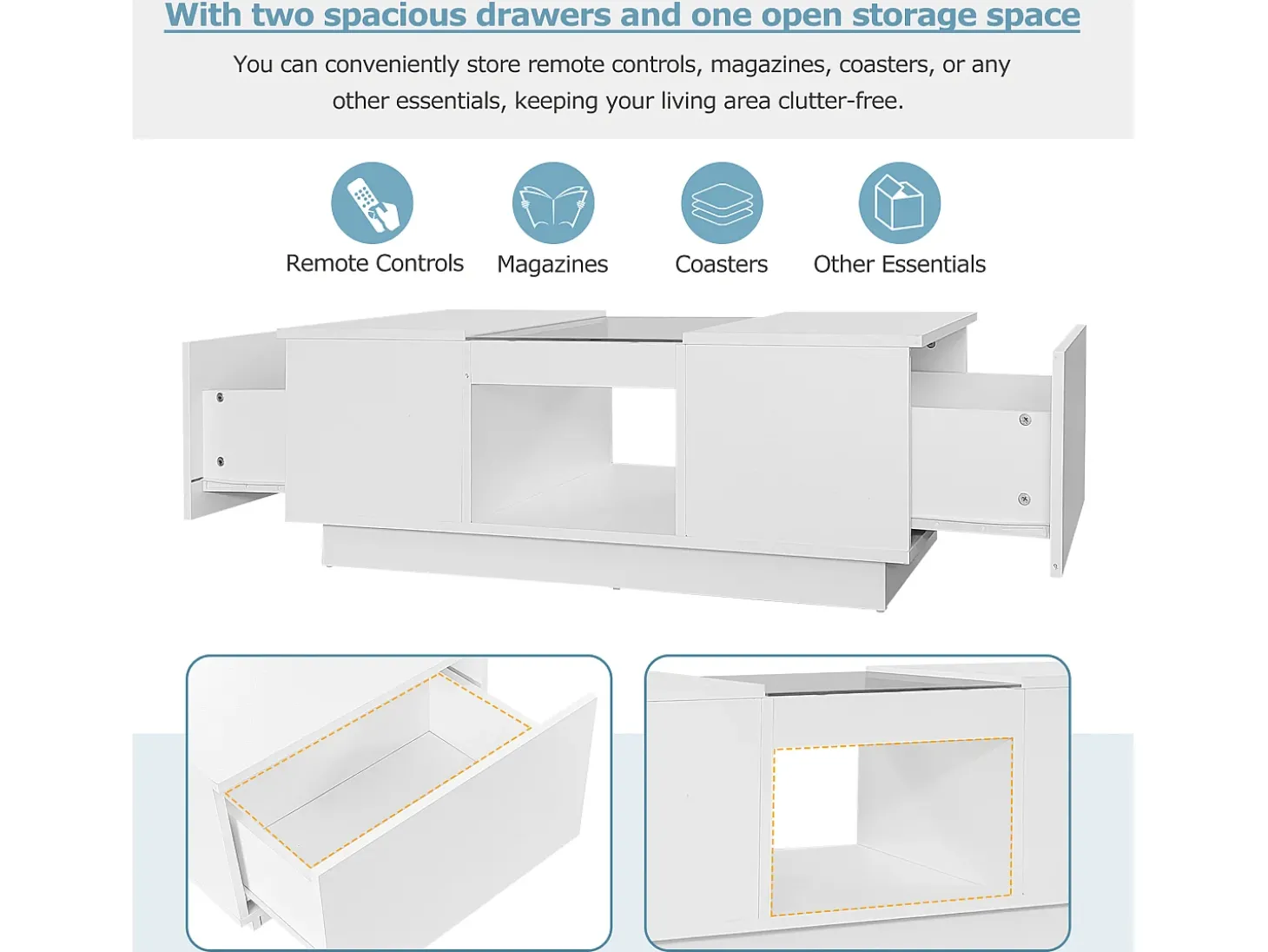 Mesa de centro com 2 gavetas e 1 compartimento - 100x50x35,5 cm - Iluminação LED e painéis de vidro - branco