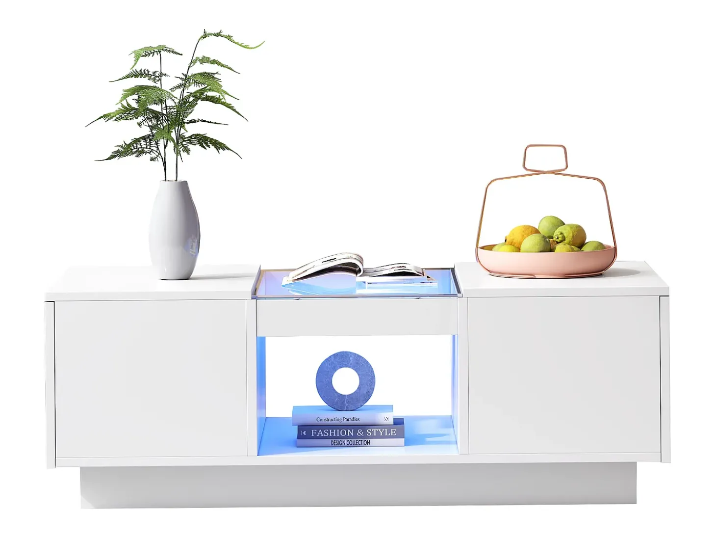 Mesa de centro com 2 gavetas e 1 compartimento - 100x50x35,5 cm - Iluminação LED e painéis de vidro - branco