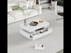 Mesa de centro com 4 gavetas - 80 x 50 x 36 cm - LEDs - Aglomerado - Branco
