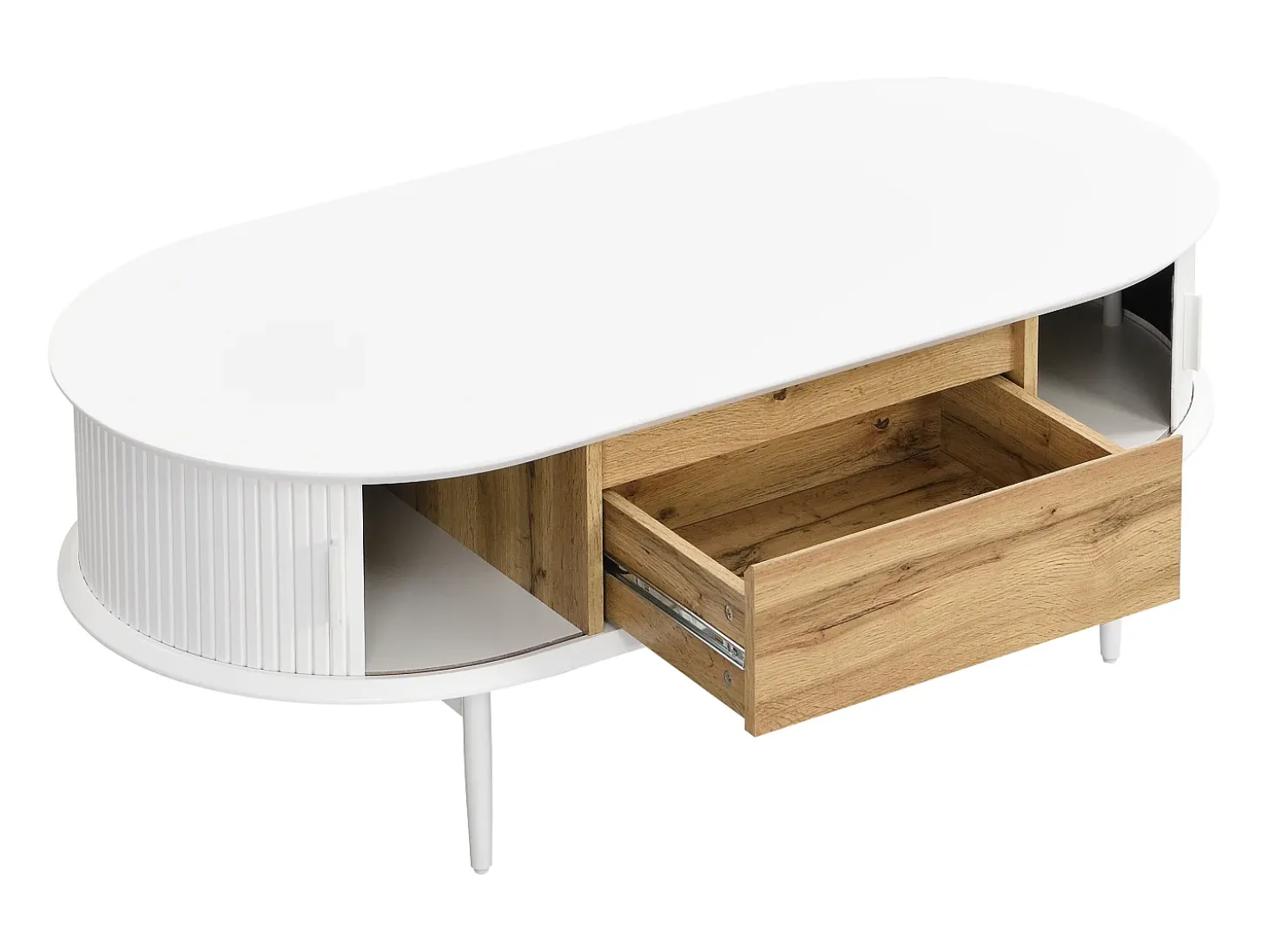 Mesa de centro com 2 portas de correr e 1 gaveta MDF natural e branco - VELURANI