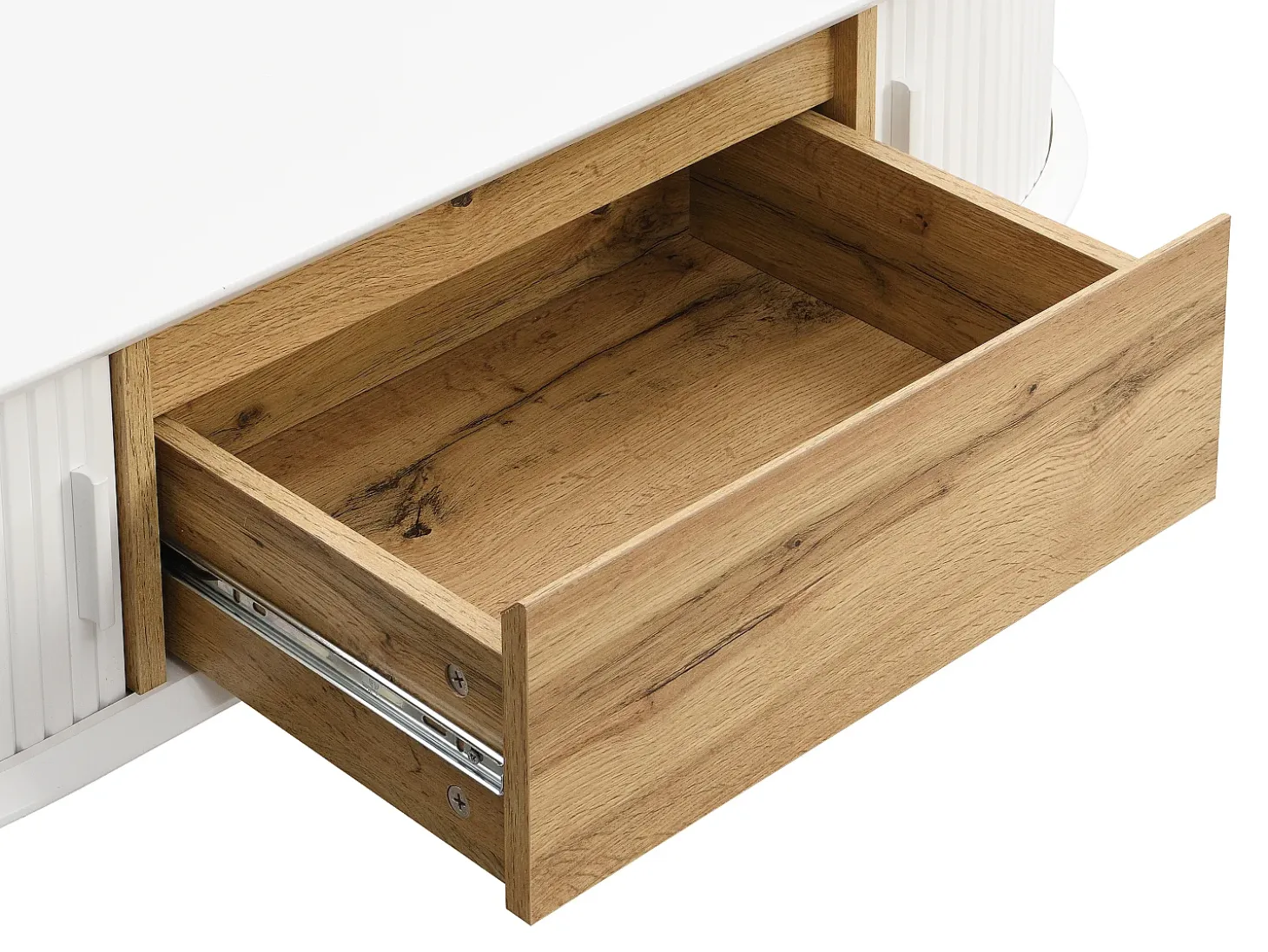 Mesa de centro com 2 portas de correr e 1 gaveta MDF natural e branco - VELURANI