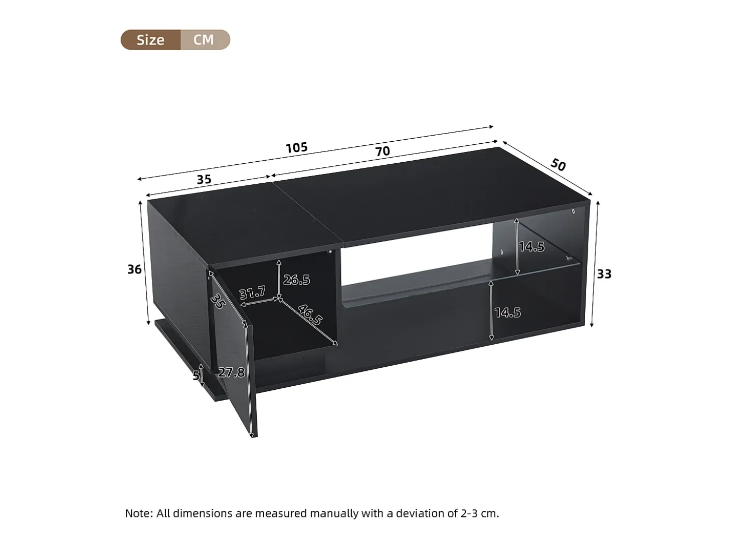 Mesa de centro com 1 porta e LED, 1 prateleira aberta em vidro temperado, corpo em lacado preto