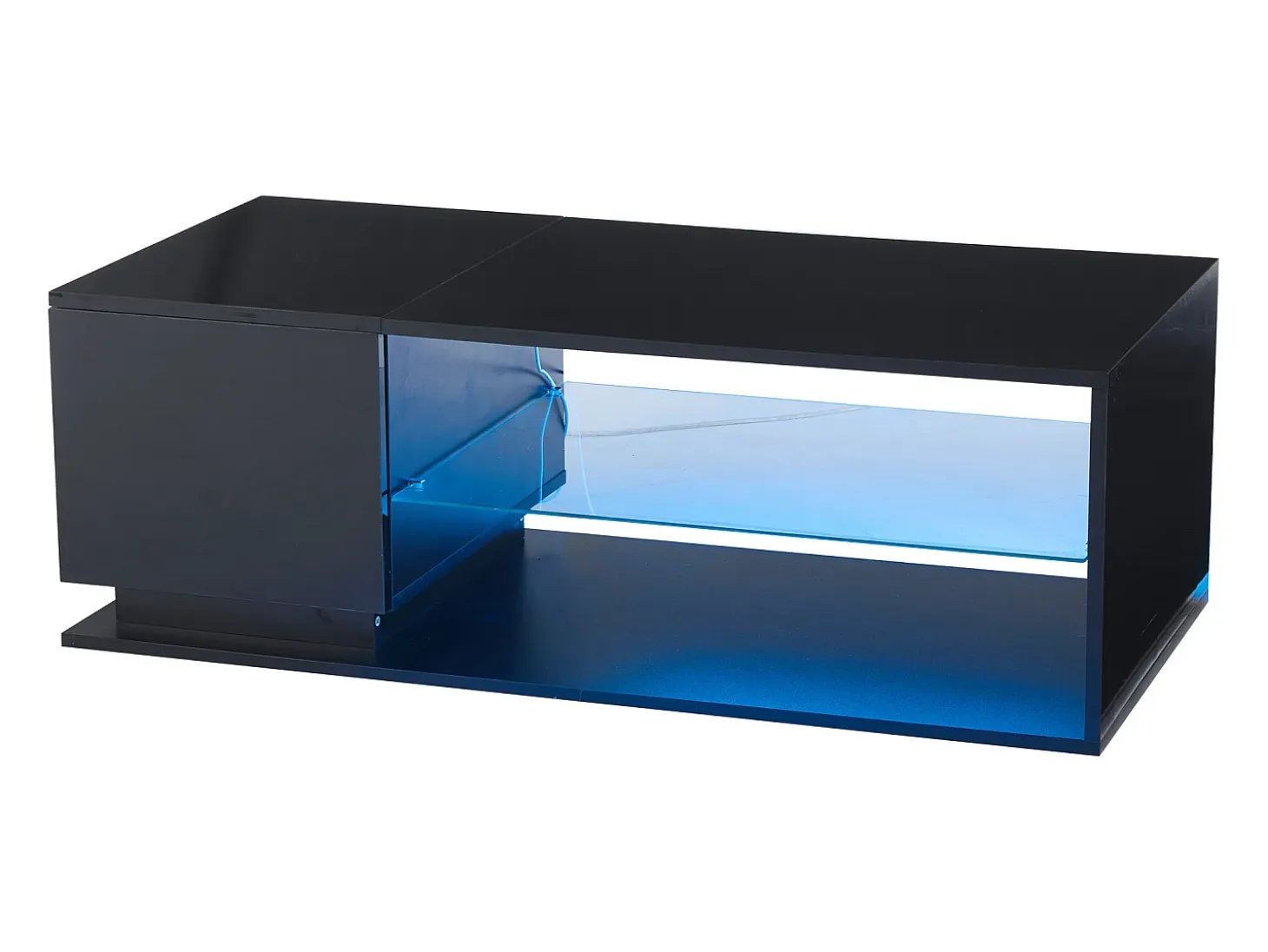 Mesa de centro com 1 porta e LED, 1 prateleira aberta em vidro temperado, corpo em lacado preto