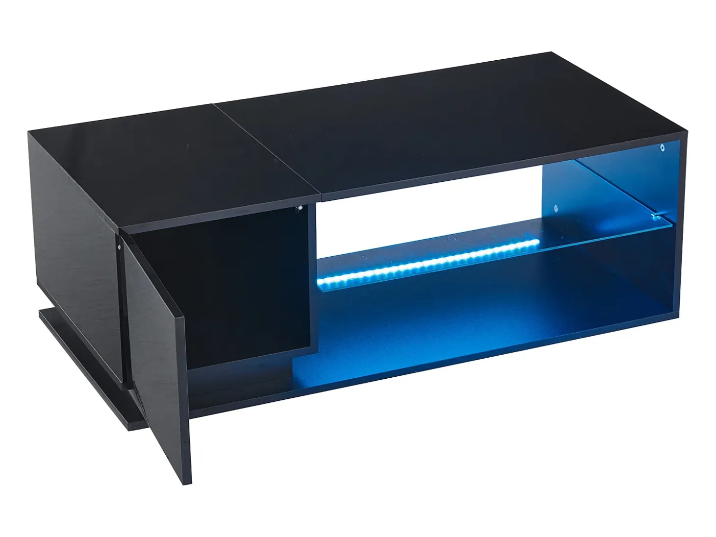 Mesa de centro com 1 porta e LED, 1 prateleira aberta em vidro temperado, corpo em lacado preto