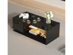 Mesa de centro com 1 porta e LED, 1 prateleira aberta em vidro temperado, corpo em lacado preto