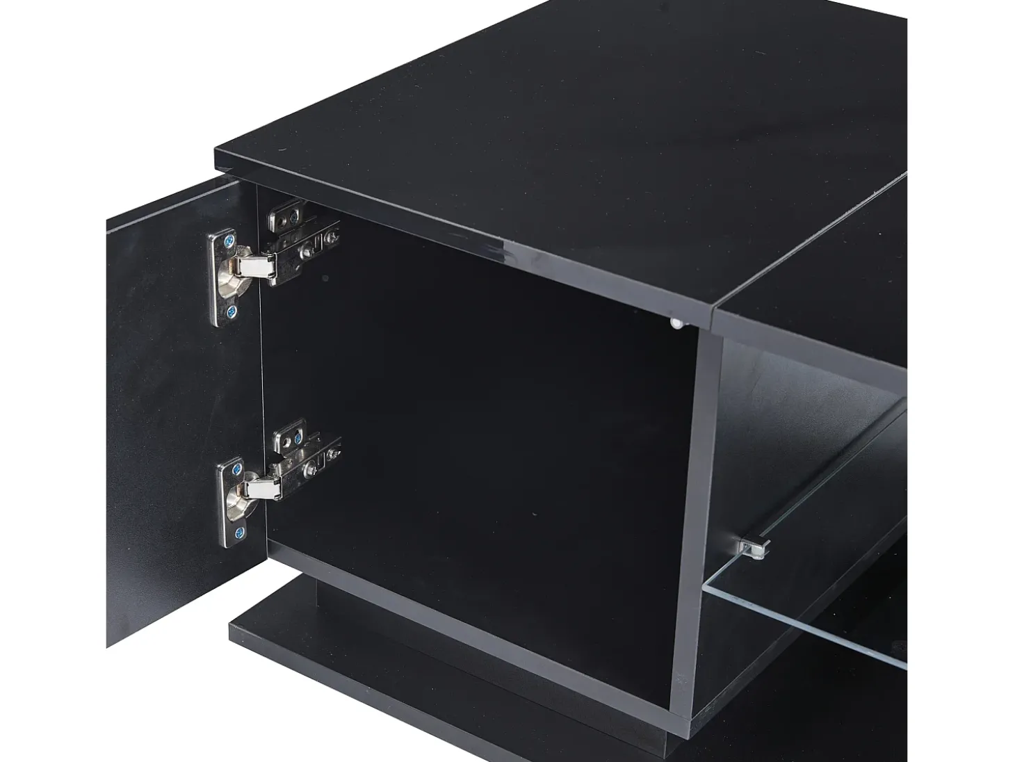Mesa de centro com 1 porta e LED, 1 prateleira aberta em vidro temperado, corpo em lacado preto