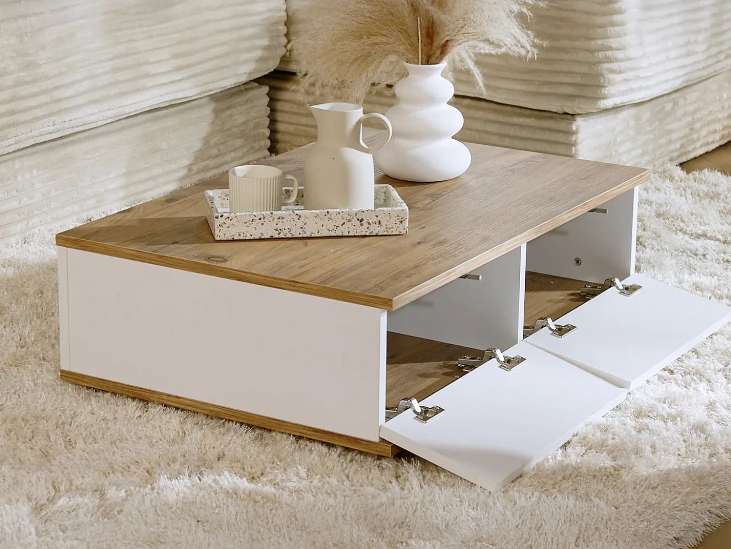 Mesa de centro com 2 portas - Natural e Branca - LOTULA