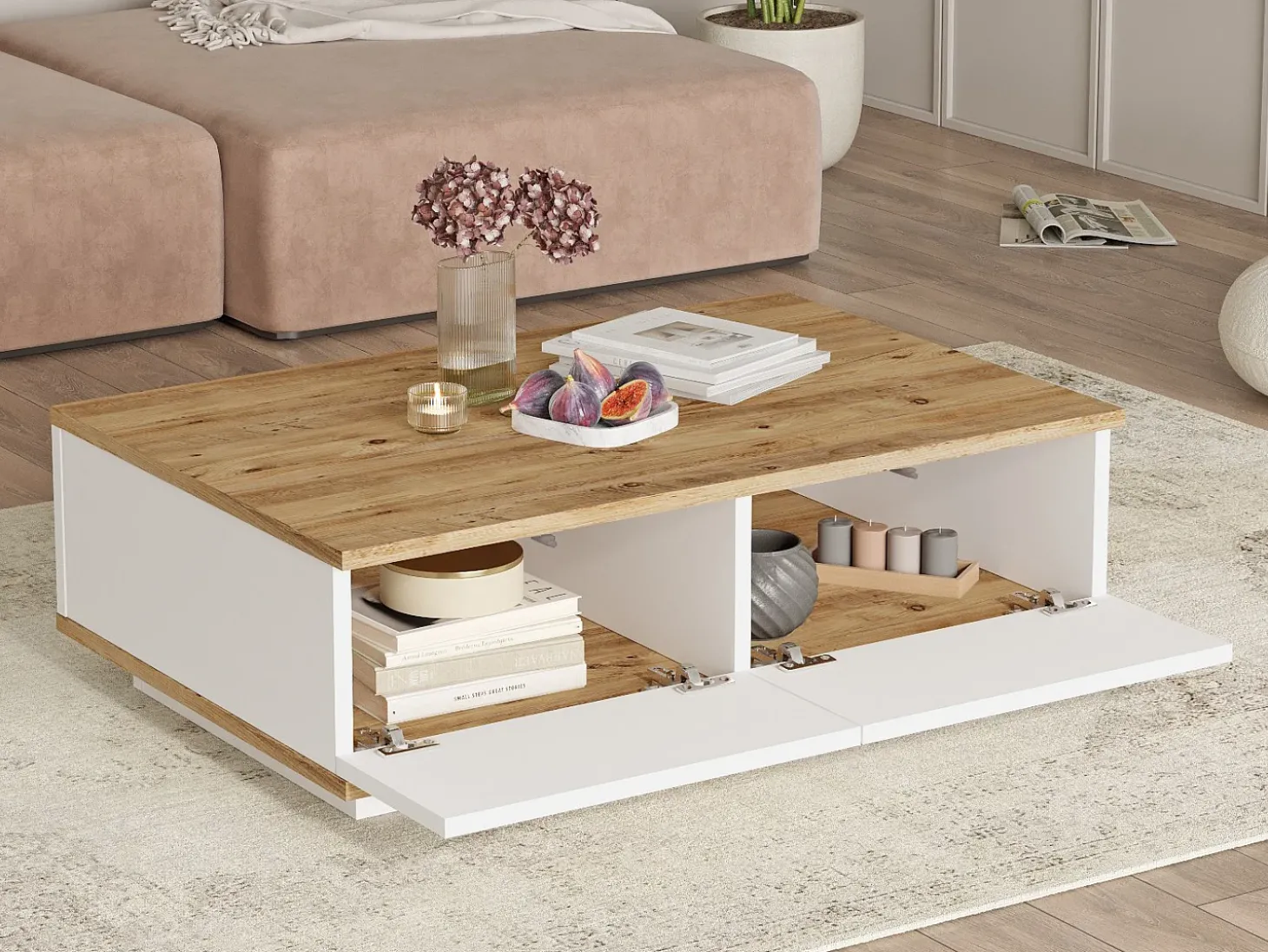 Mesa de centro com 2 portas - Natural e Branca - LOTULA